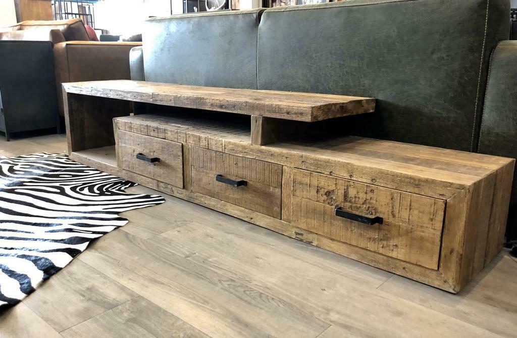 TV meubel Solid massief teakhout 223cm uit voorraad, Ophalen of Verzenden, Nieuw, Teakhout, 200 cm of meer