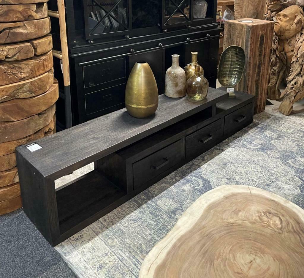 TV kast Solid zwart teak robuust 223cm, Minder dan 50 cm, Teakhout, Nieuw, Ophalen of Verzenden