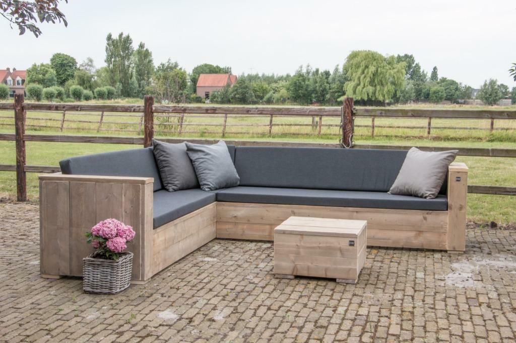 Hoekbank 200x250 cm met Sunbrella kussens, Verzenden, Nieuw, Steigerhout, Bank