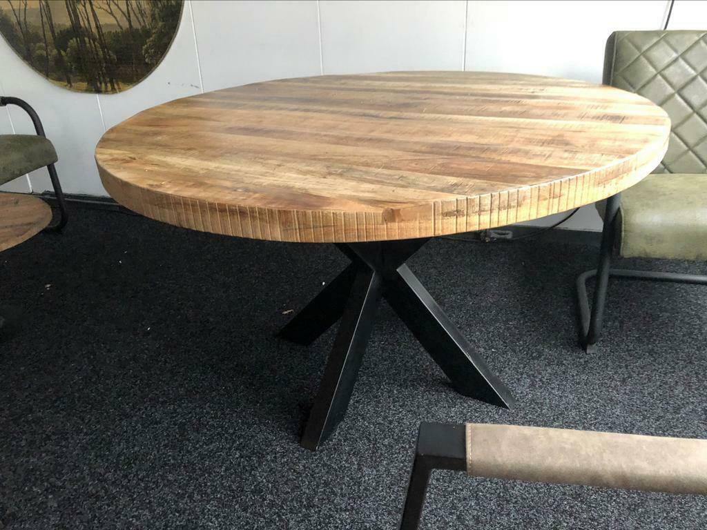 Eettafel rond mangohout stalen spin matrix poot 130 doorsnee, 100 tot 150 cm, Rond, Nieuw, Ophalen of Verzenden
