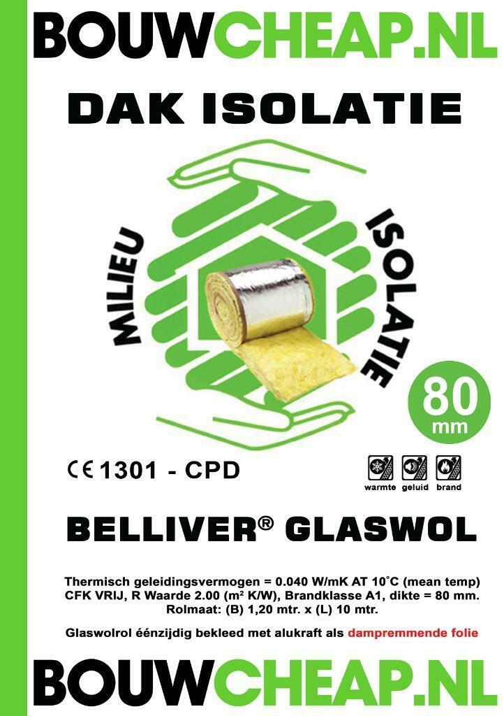 GLASWOL VOOR ZOLDER ISOLATIE 8CM DIK EN OF 15CM+ALUKRAFTFOLI, Doe-het-zelf en Verbouw, Isolatie en Afdichting, Ophalen, Dakisolatie