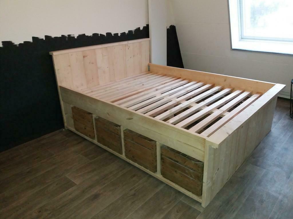 Nieuw steigerhout Bed met veiling kistjes, Ophalen, Overige kleuren, Steigerhout, 180 cm