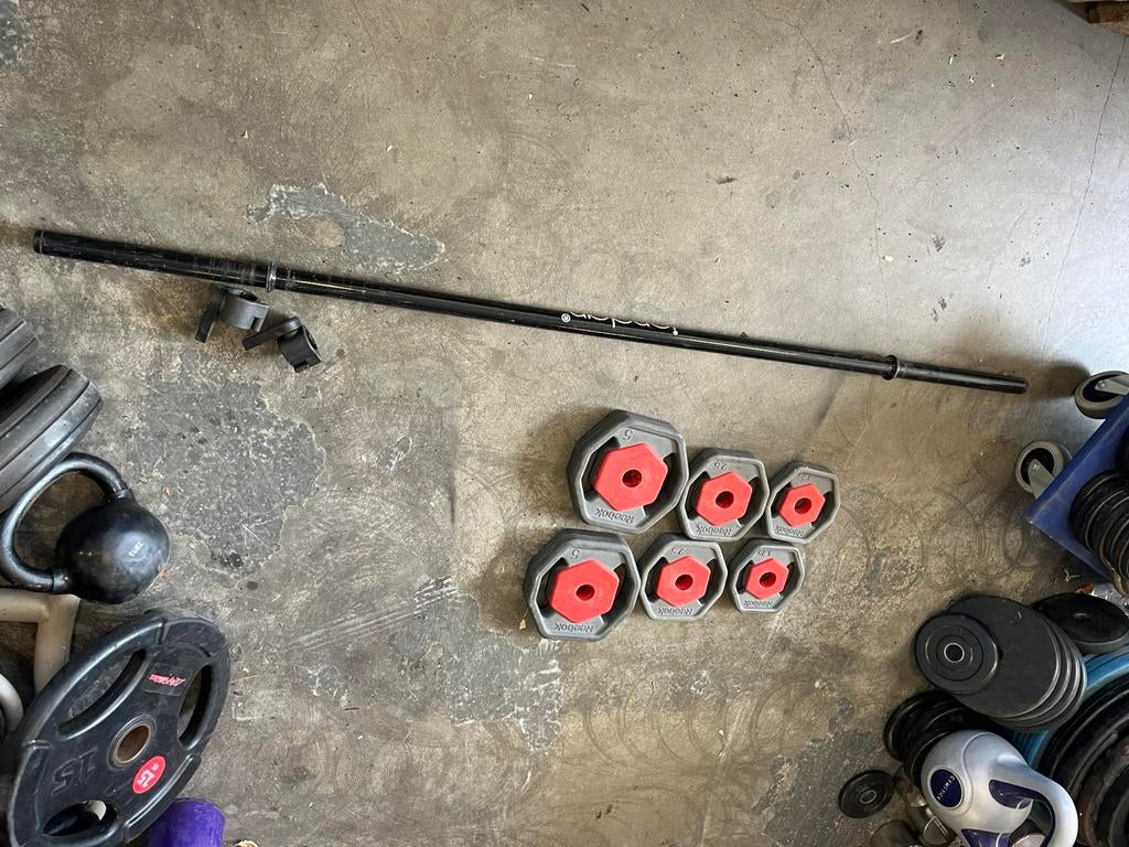 Reebok rep bodypump  set stang met schijven, Sport en Fitness, Gebruikt, Ophalen of Verzenden, Rep set, Reebok