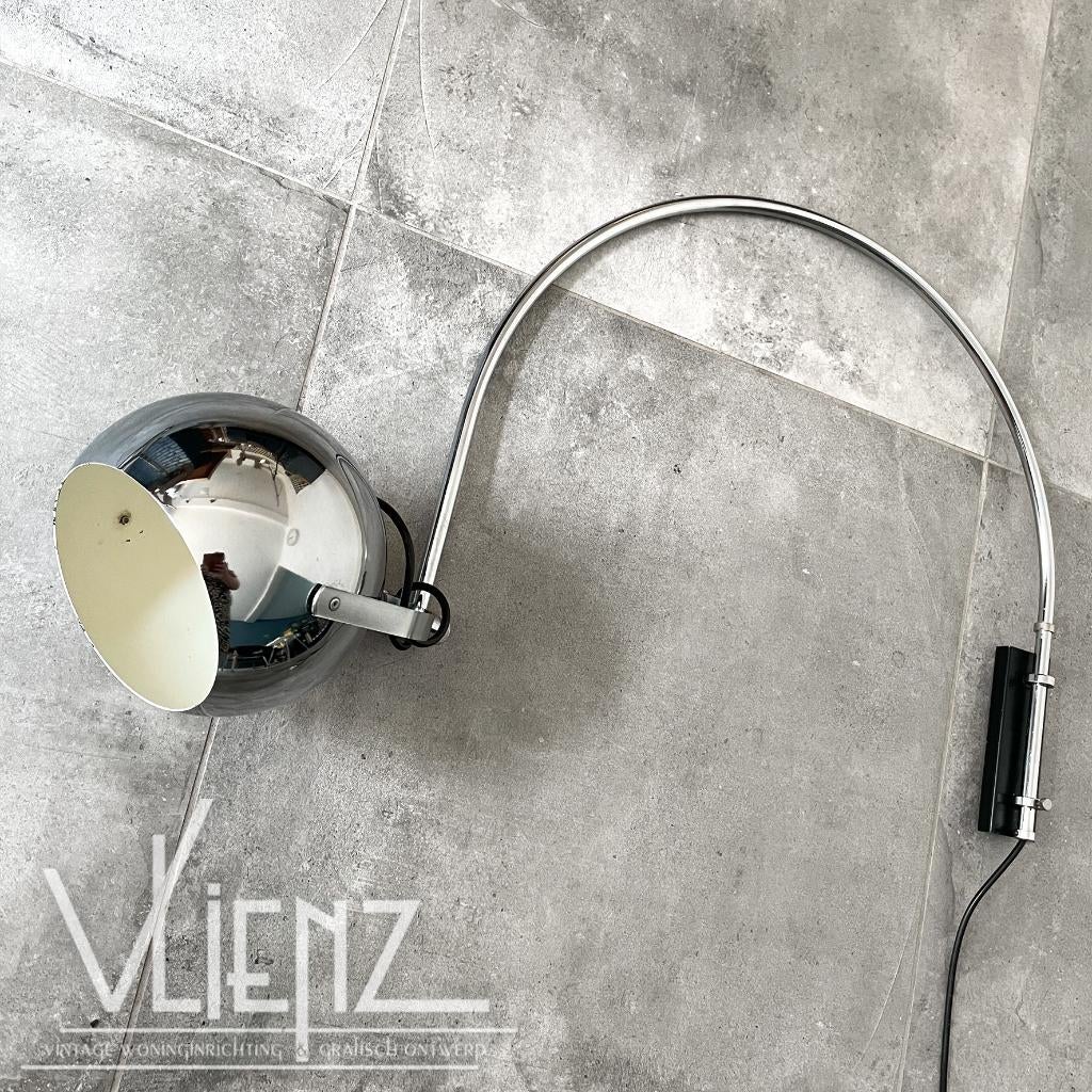 Vintage, Midcentury, space age booglamp wandlamp bol, Huis en Inrichting, Lampen | Wandlampen, Gebruikt, Metaal, Ophalen