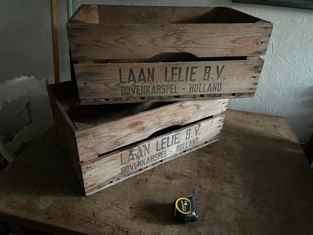 3 Houten bloembollen veiling kist Laan Lelie bv Bovenkarspel, Ophalen of Verzenden, Zo goed als nieuw, 50 tot 100 cm, Minder dan 50 cm