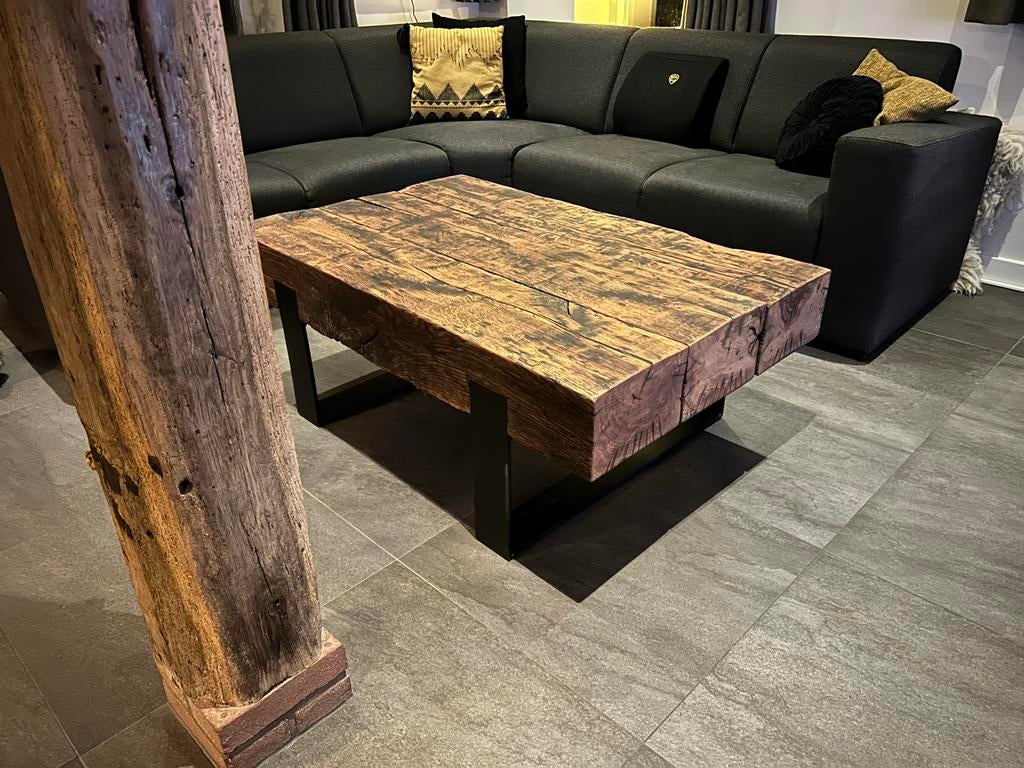 Robuuste Oud Eiken Bielzen Salontafel - Uniek & Duurzaam!, Huis en Inrichting, Tafels | Salontafels, Ophalen, Gebruikt, 100 tot 150 cm