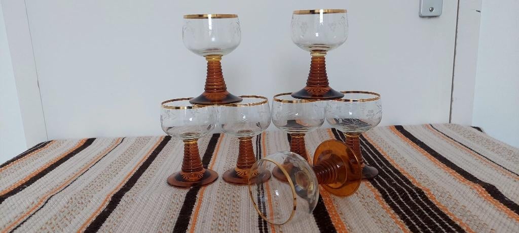 7 vintage amber kleurig Duits Roemer wijn glazen kristal, Eu, Eu, Overige typen, Ophalen of Verzenden