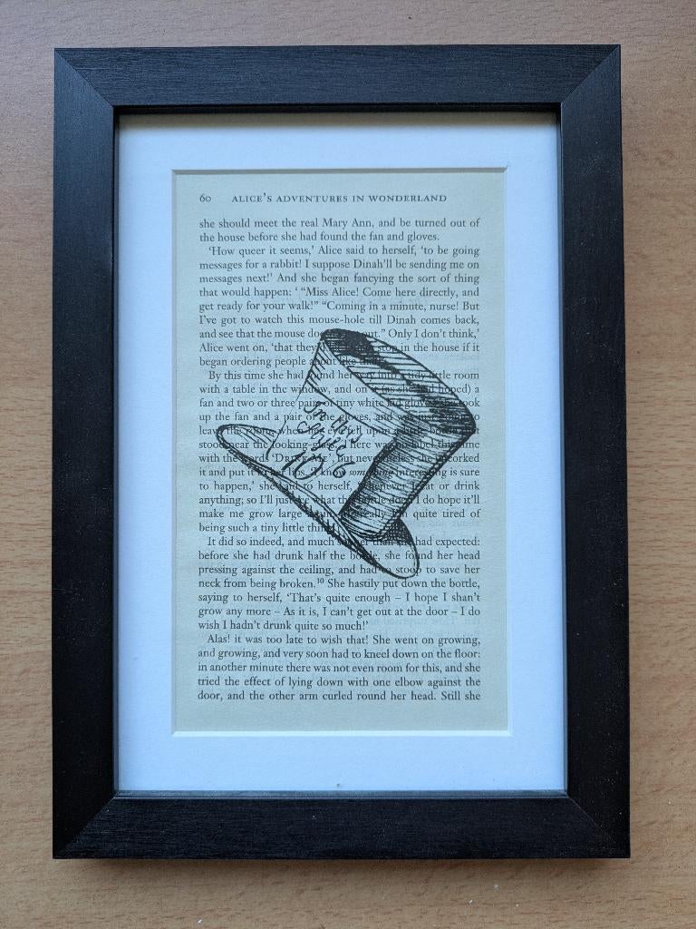 Ingelijste Alice in Wonderland boekpagina met print, Minder dan 50 cm, Nieuw, Ophalen of Verzenden, Print