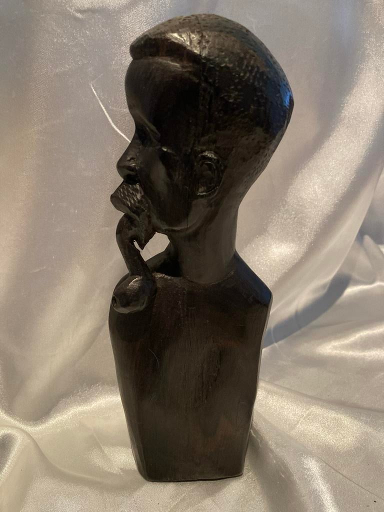 Vintage Ebbenhouten Makonde Buste Afrikaanse Man met Pijp, Ophalen of Verzenden