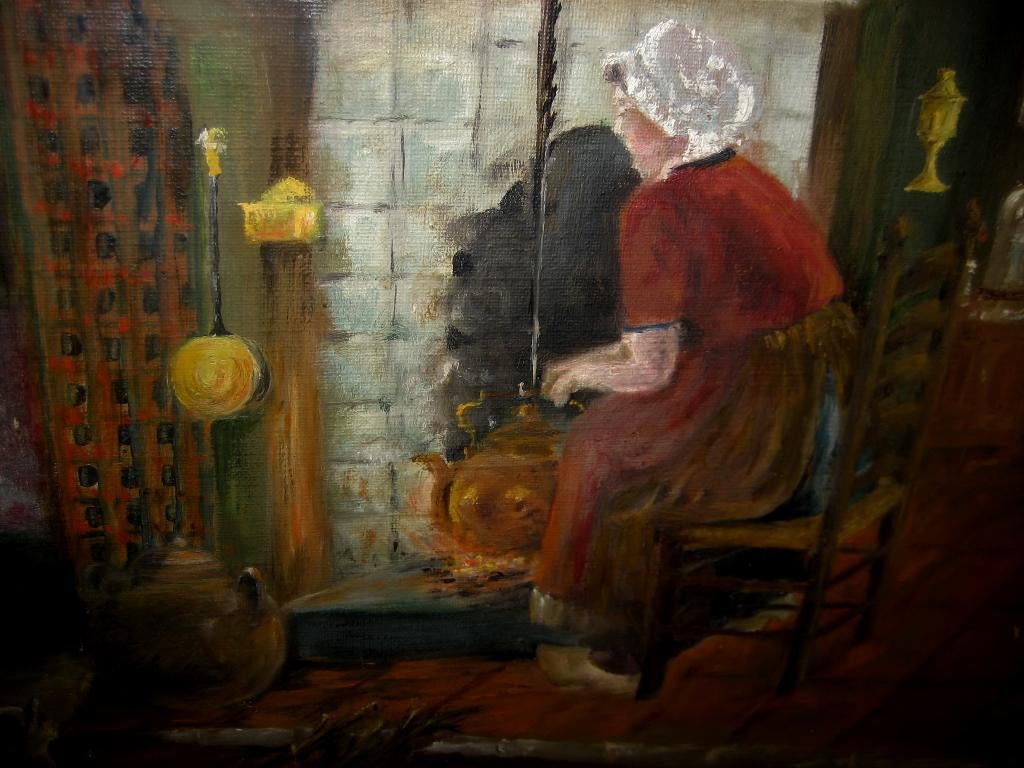 Olieverf Schilderij oud VROUW BIJ KACHEL 38x33 cm op doek, Ophalen of Verzenden