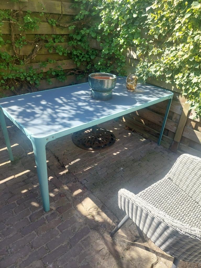 Tuintafel met glazen blad (Karwei), Tuin en Terras, Tuintafels, Ophalen of Verzenden, Gebruikt, Rechthoekig, Metaal