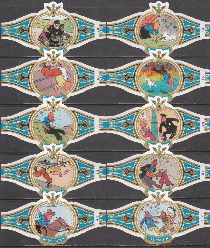 Sigarenbanden Kuifje in Amerika, Washington K1-K10 blauw-wit, Verzamelen, Rookartikelen, Aanstekers en Luciferdoosjes, Ophalen of Verzenden