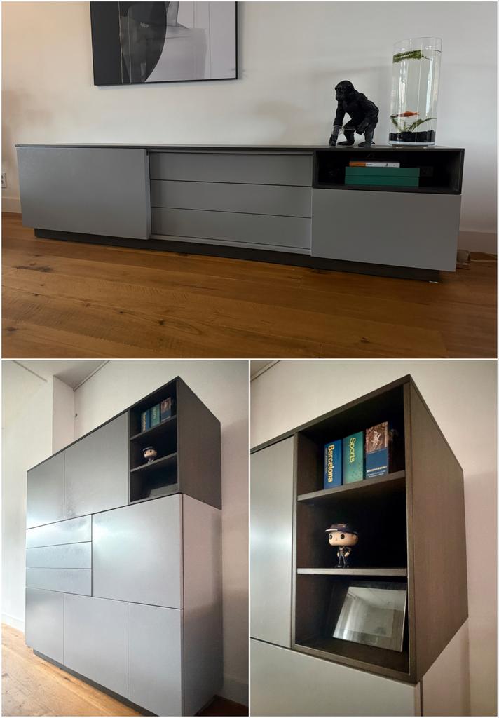 SET Modern dressoir + meidenkast licht grijs & eiken blad, Ophalen, Gebruikt, Eikenhout, 200 cm of meer