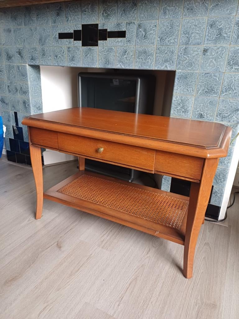 Vintage salontafel met webbing en lade, Huis en Inrichting, Gebruikt, Overige materialen, 100 tot 150 cm, Vintage, Retro, Klassiek