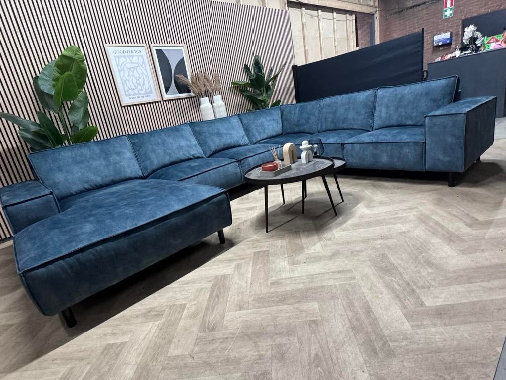 ZGAN Royale Velvet Velours U-Bank/Hoekbank - Blauw - 390cm
