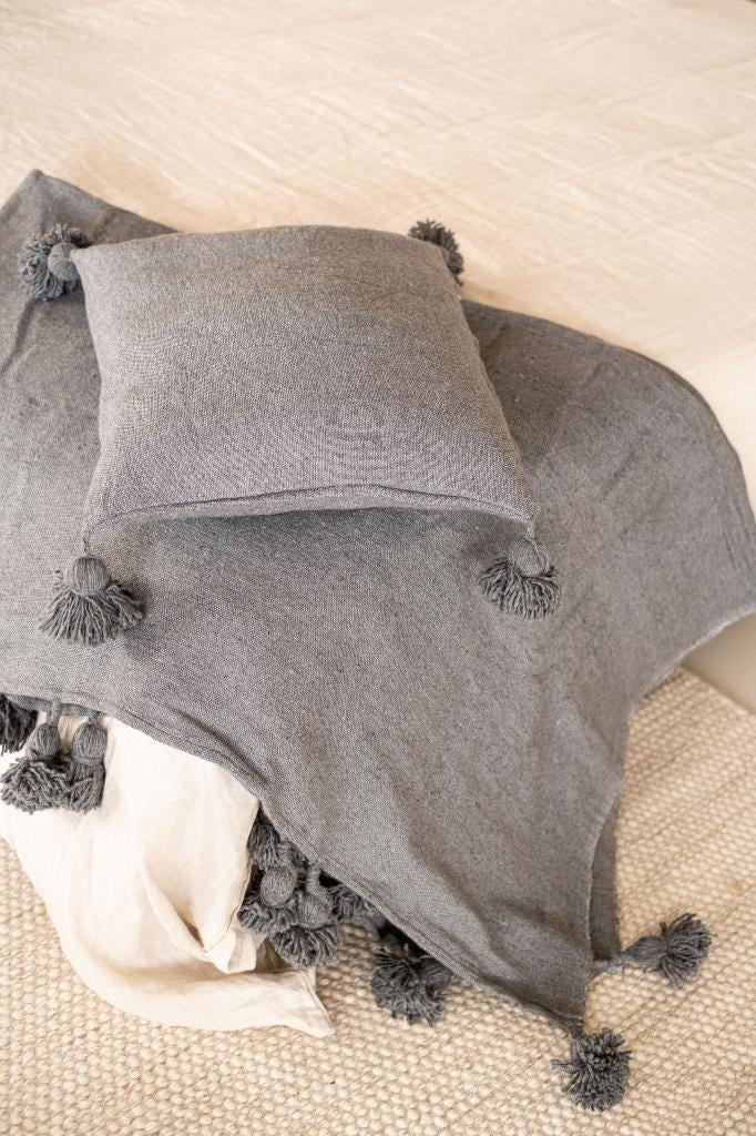 Plaid Grijs Pompom 95 x 75 cm, Verzenden, Nieuw