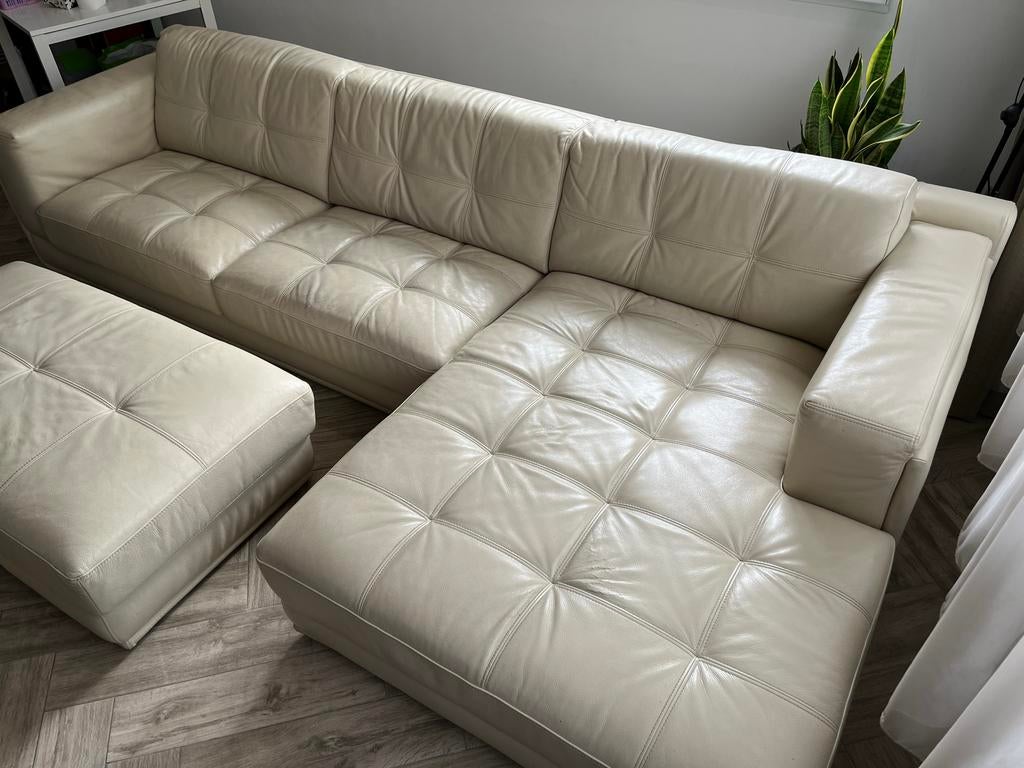 Crèmekleurige leren hoekbank met poef, Ophalen, Gebruikt, Leer