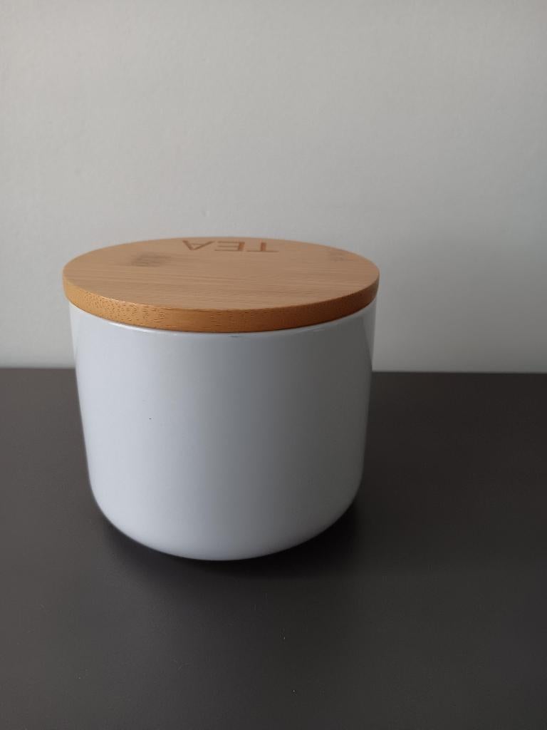 Keramische theebus met bamboe deksel wit, Huis en Inrichting, Keuken | Keukenbenodigdheden, Ophalen of Verzenden, Zo goed als nieuw