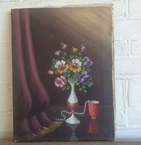 Schilderij violen vaas parelketting en chinees kopje AS, Ophalen