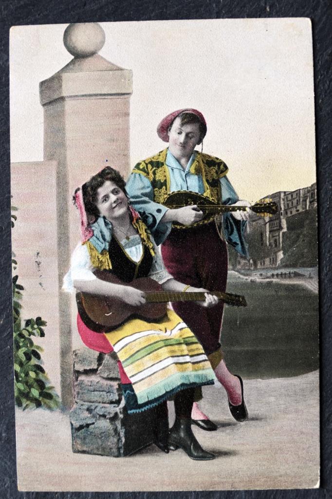 Zij op gitaar, hij op luit, samen de liefde bespelend, 1909, Verzamelen, Verzenden, Voor 1920, Gelopen, Muziek