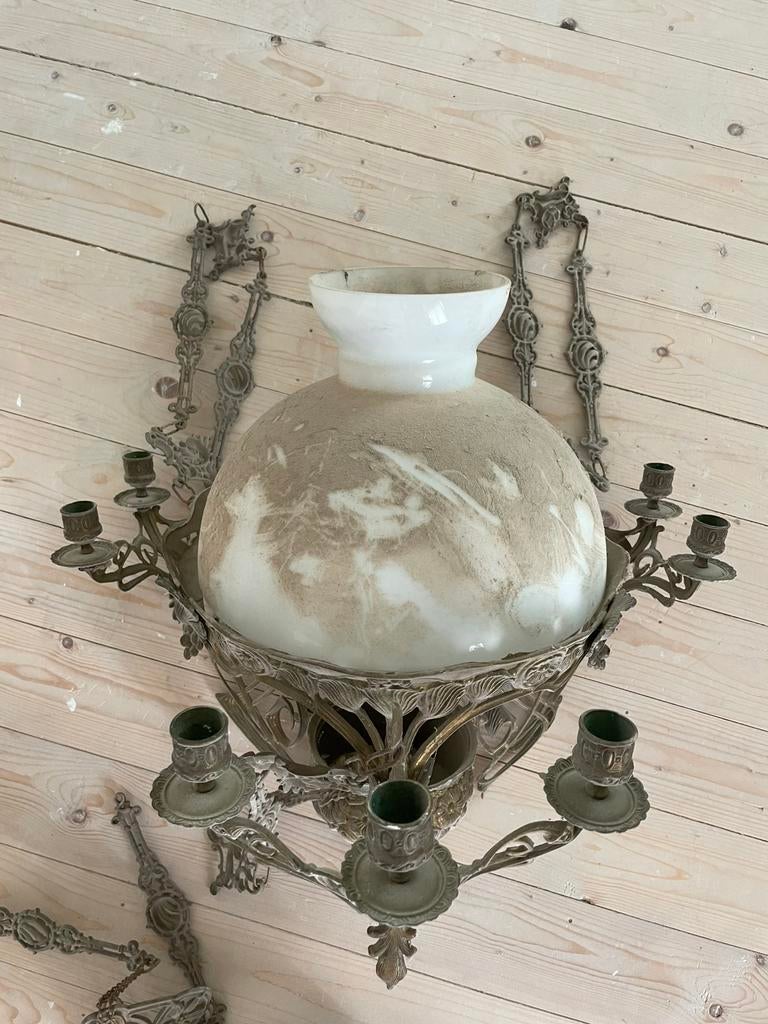 Zware antieke olie hanglamp brons, Ophalen, Zo goed als nieuw