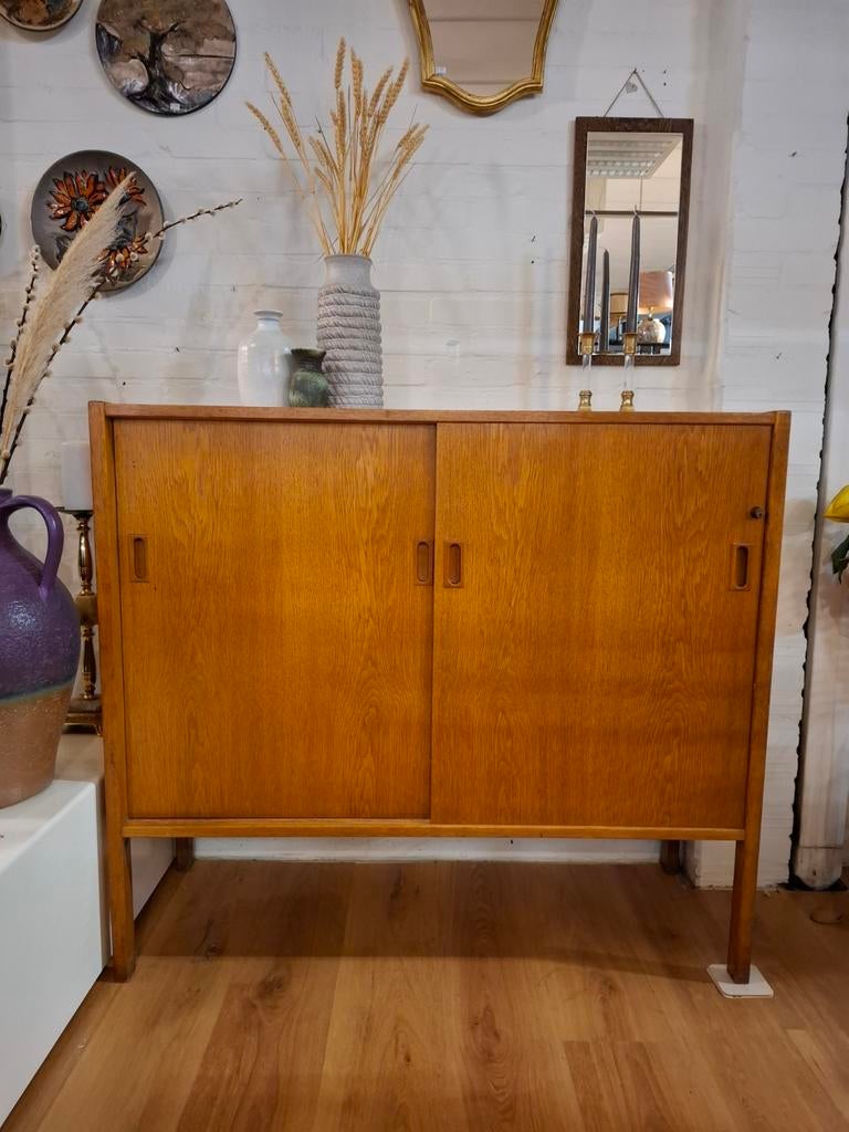 Vintage schuifdeurkast wandkast archiefkast deens design, Ophalen, Met deur(en), 100 tot 150 cm, Eikenhout