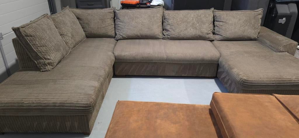 U-bank teakwood grof ribstof 350x210x165x58 cm, Teakwood, Ophalen of Verzenden, Teakwood, Teakwood