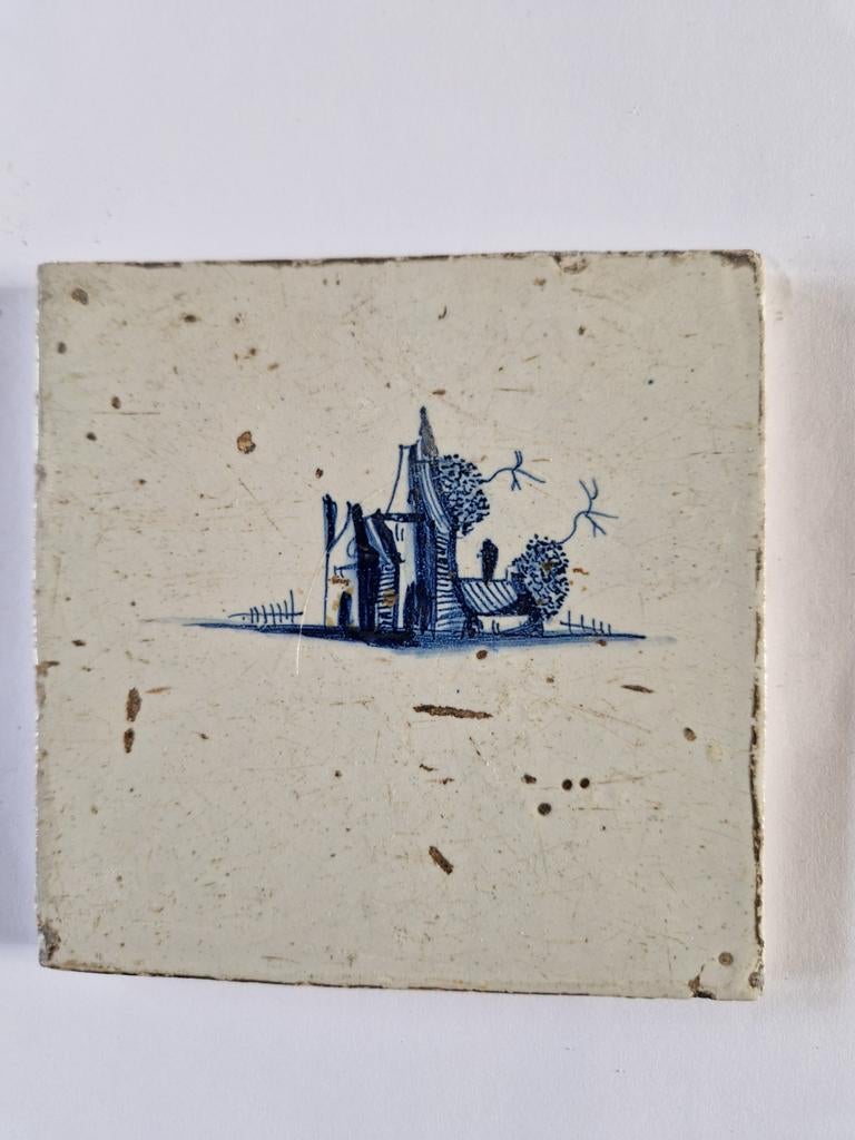 Oude Hollandse tegel met huisje en bomen, Antiek en Kunst, Antiek | Wandborden en Tegels, Ophalen of Verzenden