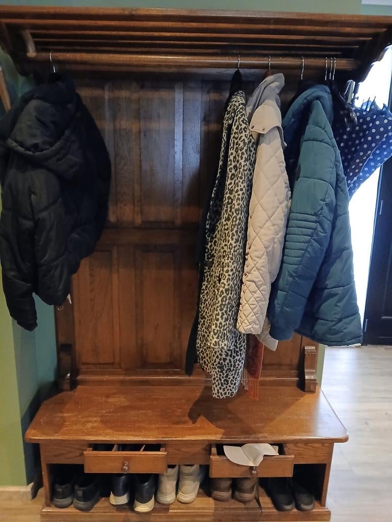 Massief eiken kapstok met schoenenrek, Huis en Inrichting, Gebruikt, 150 tot 200 cm, Hout, Ophalen