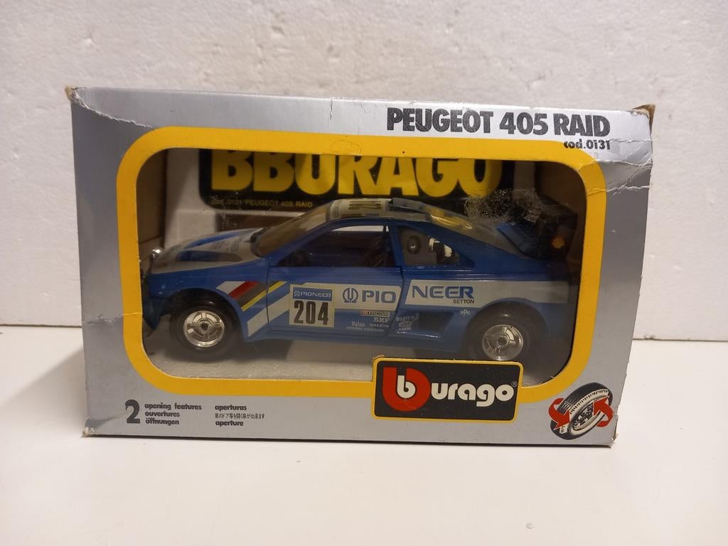 Bburago 1:24 Peugeot 405 Raid Rally PIONEER blue, Ophalen of Verzenden, Zo goed als nieuw, Auto, Bburago