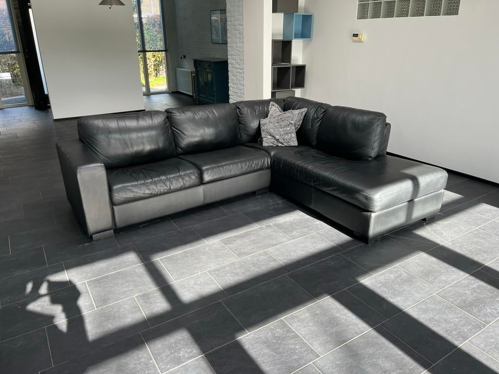 Zwart lederen hoekbankstel, Ophalen, Gebruikt, Leer