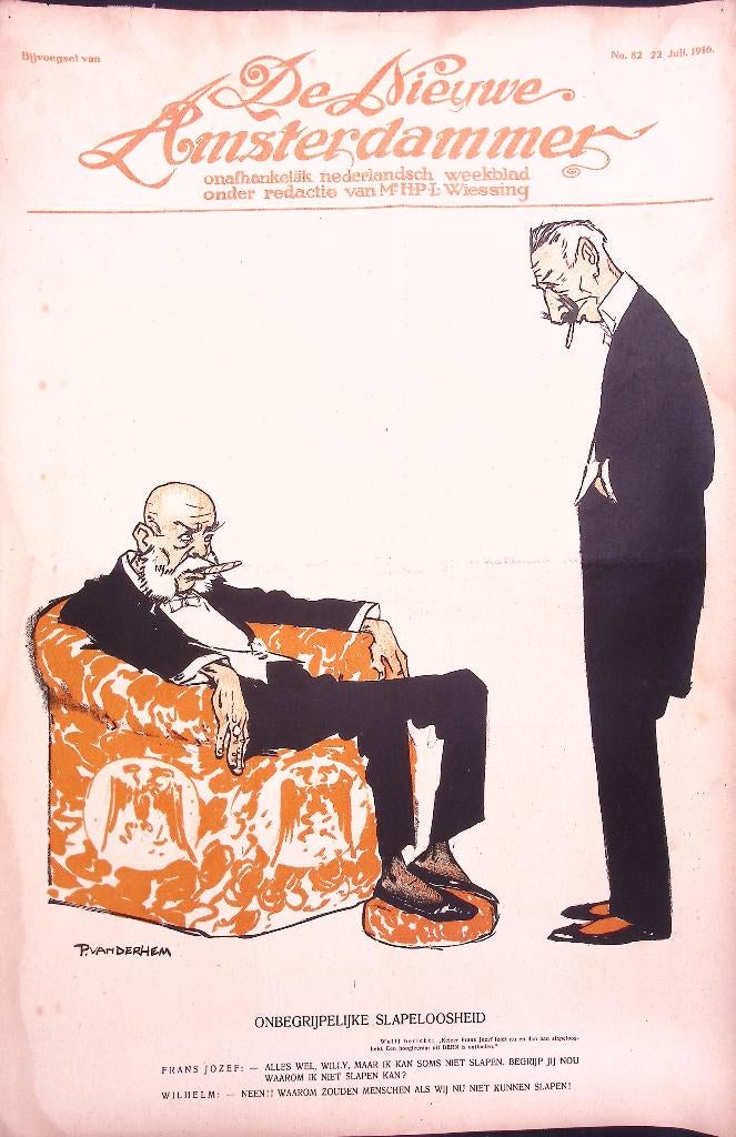 Rokende Wilhelm en Frans Jozef op spotprent, Antiek en Kunst, Kunst | Litho's en Zeefdrukken, Ophalen