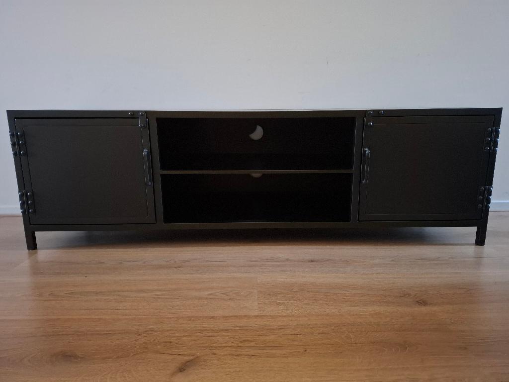Industrieel TV meubel – zwart metaal, Ophalen, 100 tot 150 cm, Zo goed als nieuw, Minder dan 100 cm
