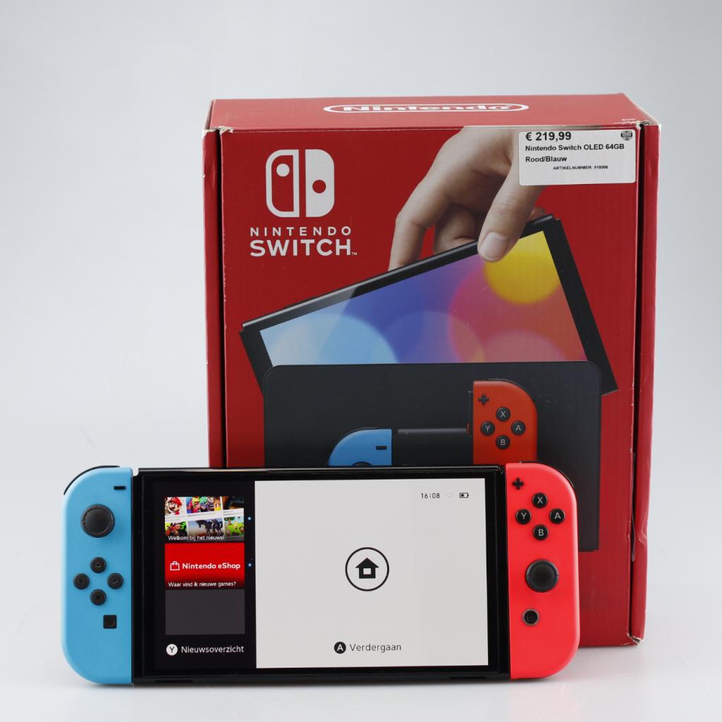 Nintendo Switch OLED 64GB Rood/Blauw, Spelcomputers en Games, Spelcomputers | Nintendo Switch, Nintendo, Zo goed als nieuw, Support@nintendo.com