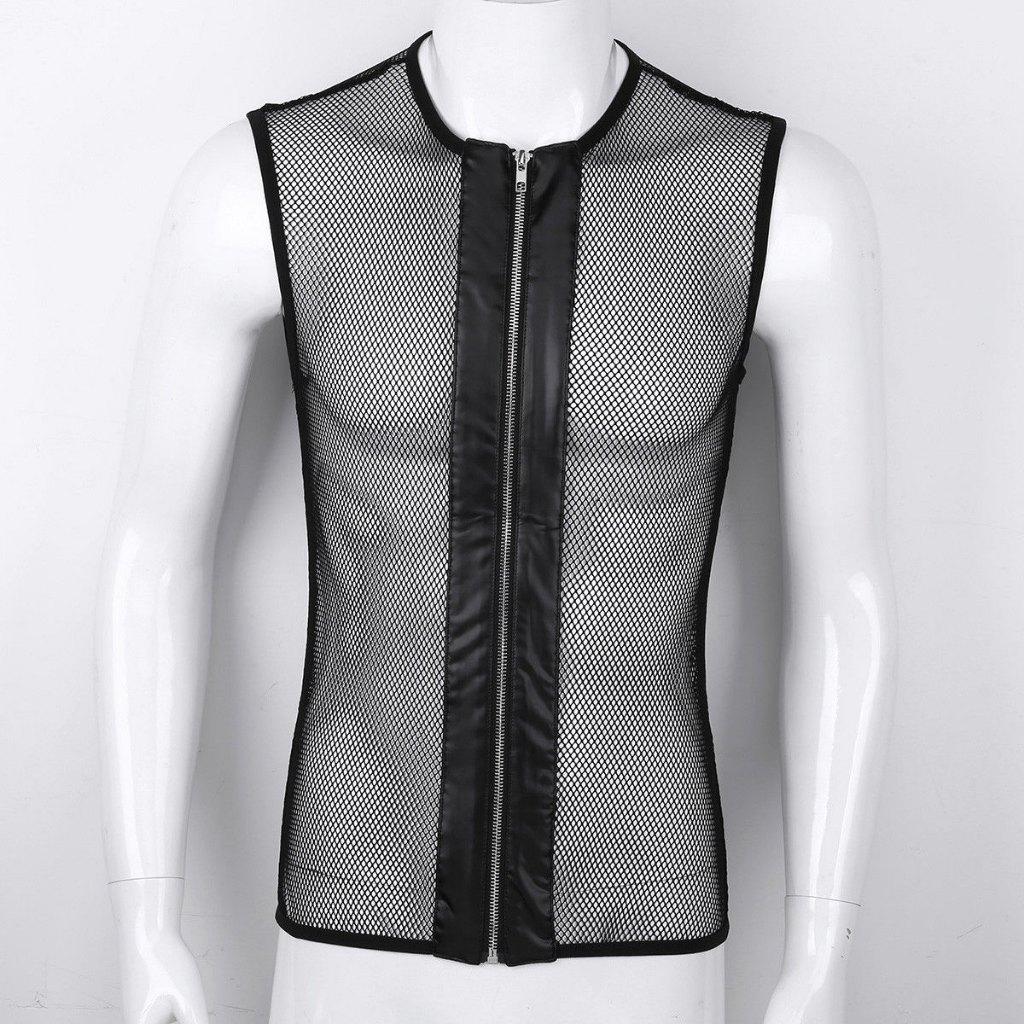 Zwart doorzichtig heren vest met rits / shirt gay fishnet, Verzenden, Nieuw, Overige maten, Overige thema's