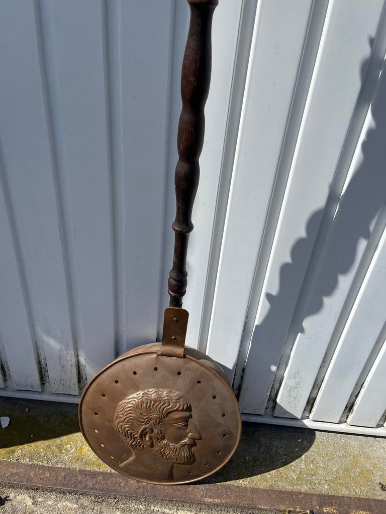 Oude koperen pan met houten steel, Antiek en Kunst, Ophalen of Verzenden, Koper