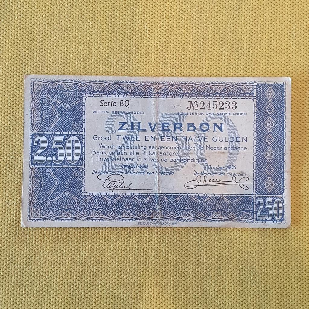 Zilverbon 2,50 gulden uit 1938, Postzegels en Munten, Ophalen of Verzenden