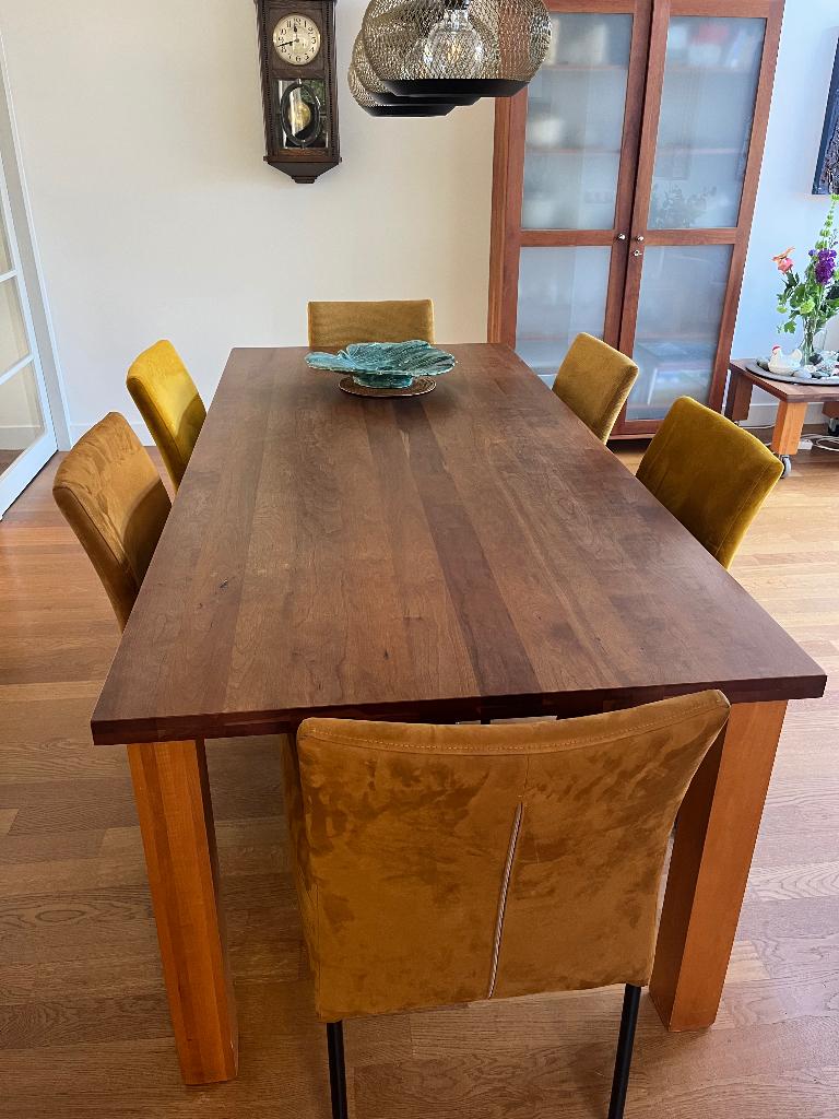 Eettafel + 6 bijpassende stoelen, Ophalen, Gebruikt, 200 cm of meer, 50 tot 100 cm