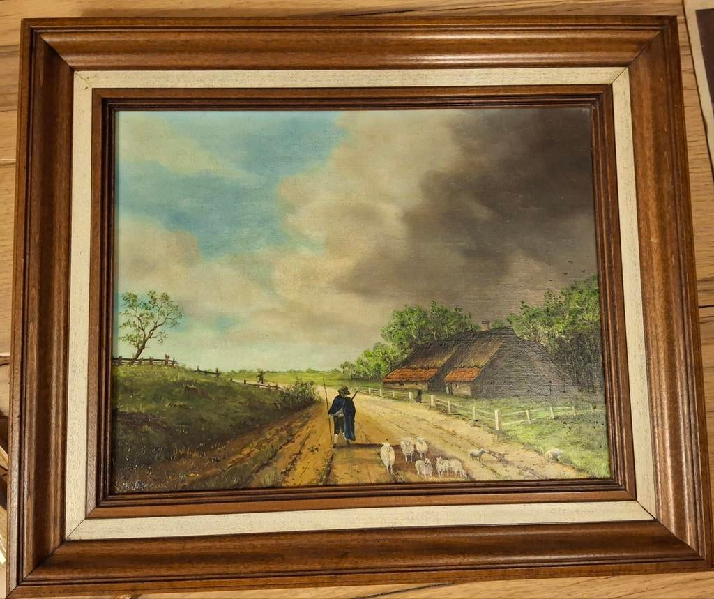 Olieverfschilderij met herder en schapen, ingelijst, Antiek en Kunst, Kunst | Schilderijen | Klassiek, Ophalen of Verzenden