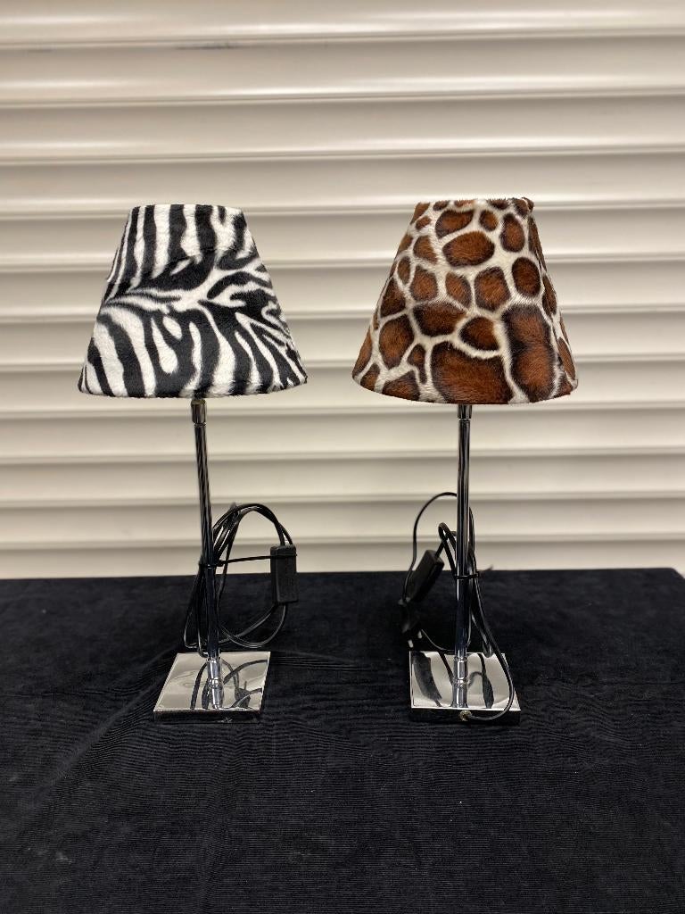 Schemerlampjes zebra en giraffe print., Huis en Inrichting, Lampen | Tafellampen, Gebruikt, Minder dan 50 cm, Kunststof, Metaal