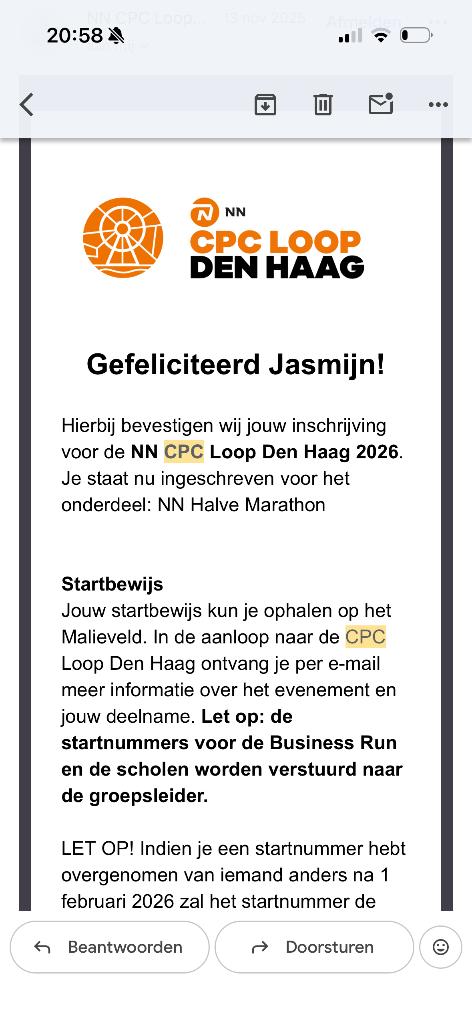 Startnummer CPC halve marathon, Tickets en Kaartjes, Evenementen en Festivals, Eén persoon