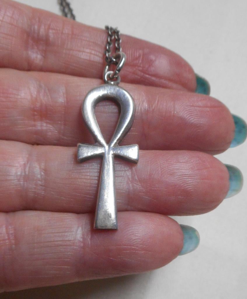 Zilveren vintage ketting met Ankh kruis hanger nr.1117, Met hanger, Verzenden, Zo goed als nieuw, Zilver
