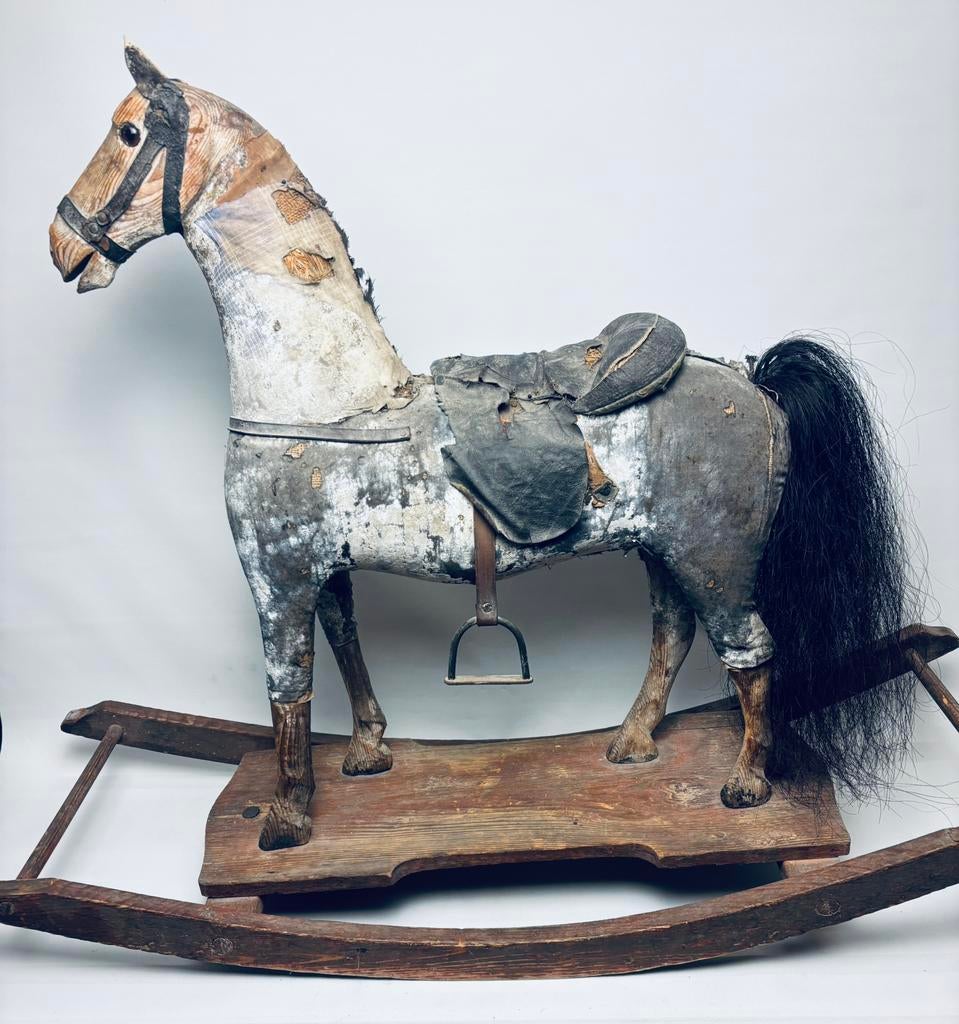 Antiek houten trekpaard op slede textiel leer eind 19e eeuw, Ophalen of Verzenden