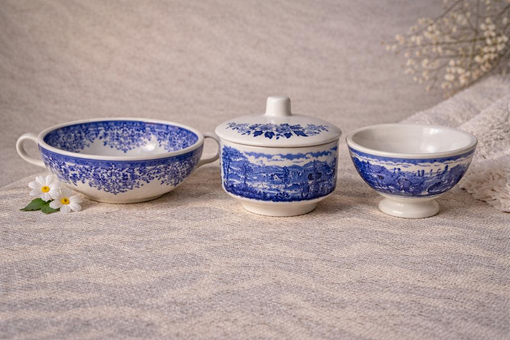 Vintage blauw wit servies suikerpotje soepkommen villeroy, Antiek en Kunst, Ophalen of Verzenden