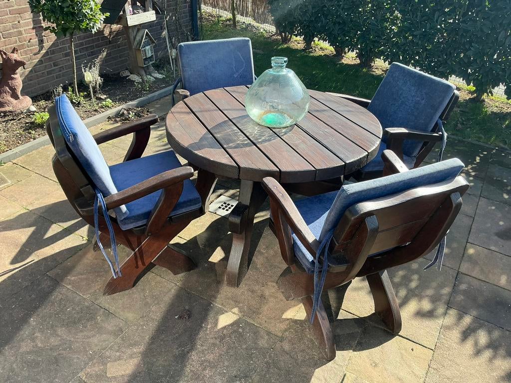 Rond houten tuinset met blauwe kussens, Ophalen, Zo goed als nieuw, Hout
