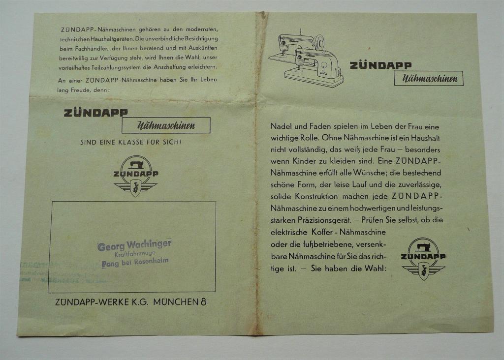 Zündapp Folder Naaimachine type Elcona en ZR 18, Verzenden