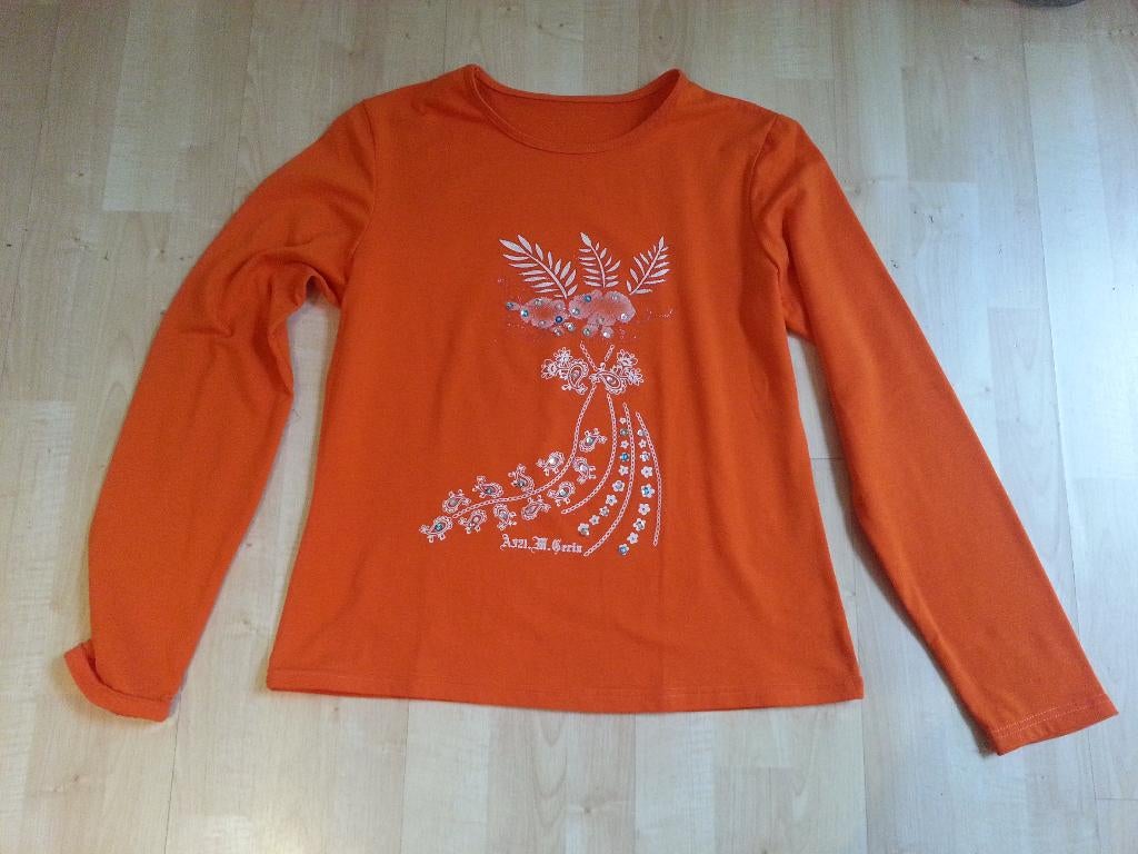 t-shirt oranje met print aan de voorkant, maat L/XL, Maat 46/48 (XL) of groter, Oranje, Ophalen of Verzenden, Zo goed als nieuw
