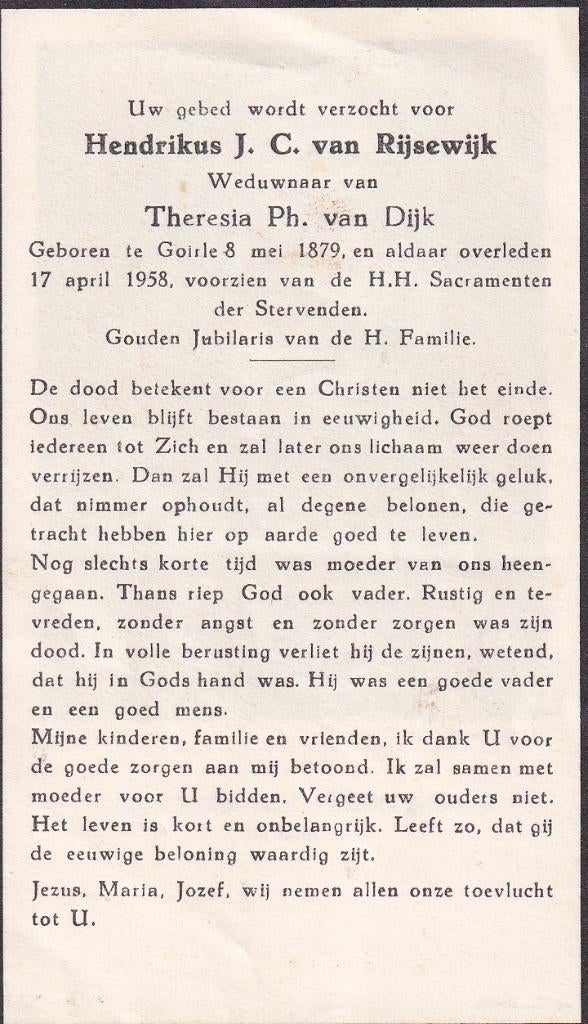 Rijsewijk Hendrikus 1879 Goirle 1958, Ophalen of Verzenden, Bidprentje