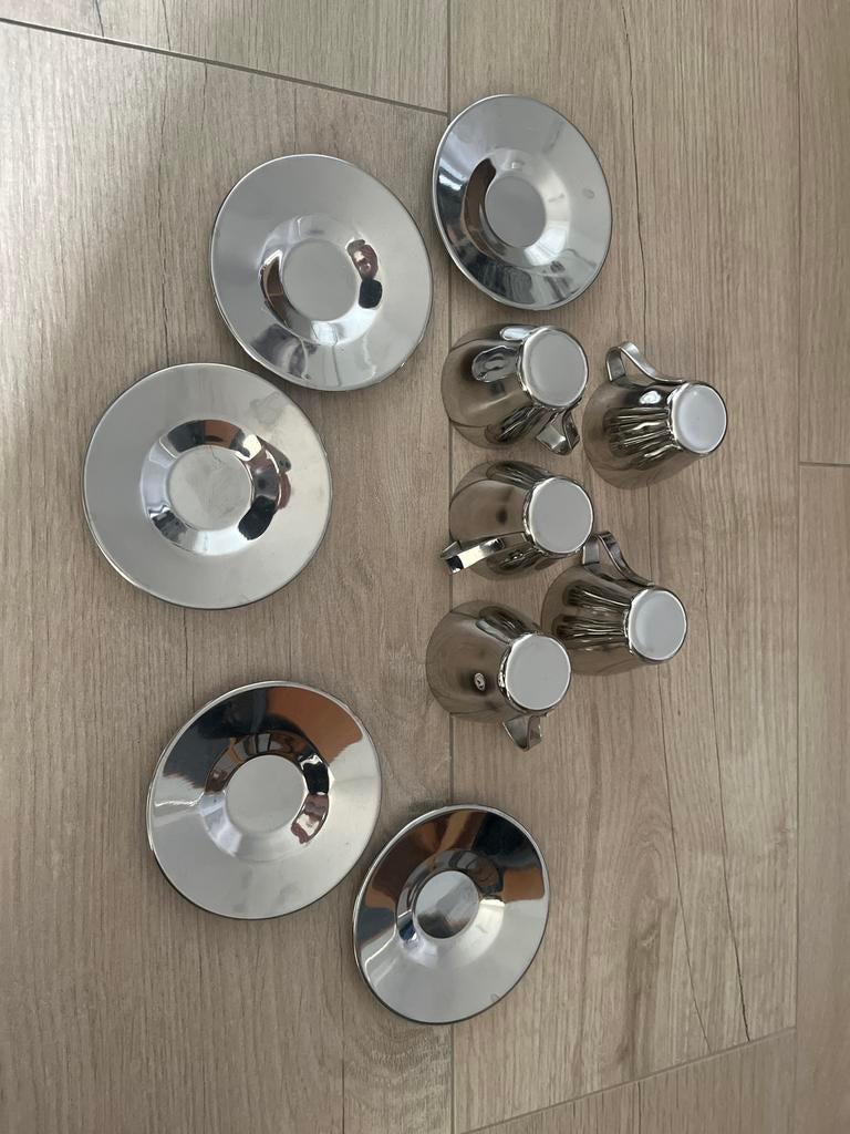 IKEA Kalaset RVS espresso kopjes en schotels set, Overige materialen, Gebruikt, Ophalen of Verzenden, Effen