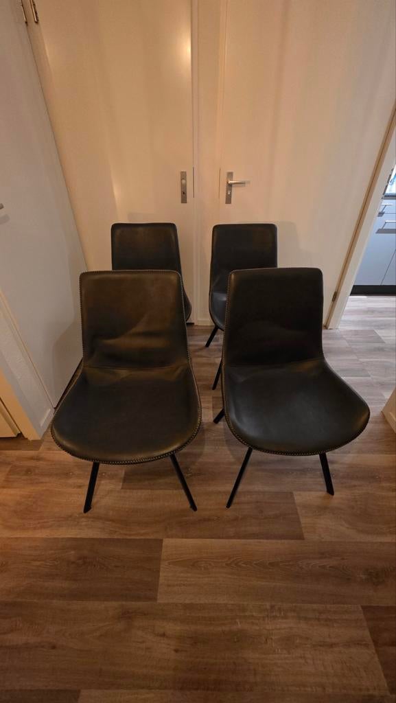 Set van 4 bruine eetkamerstoelen, Huis en Inrichting, Stoelen, Gebruikt, Vier, Leer, Metaal, Bruin, Ophalen